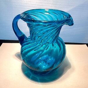 Vintage Handblown Turquoise Glass, Small Pitcher Creamer w Bubbles
